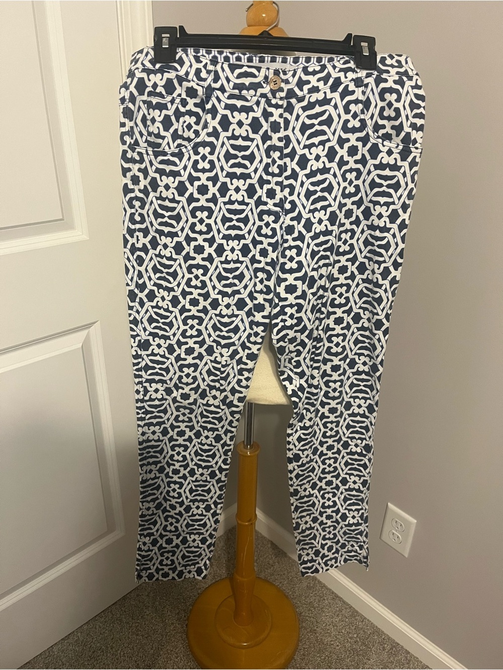 Gretchen Scott Designs Navy & White Geometric Straight-Leg Pants Sz M